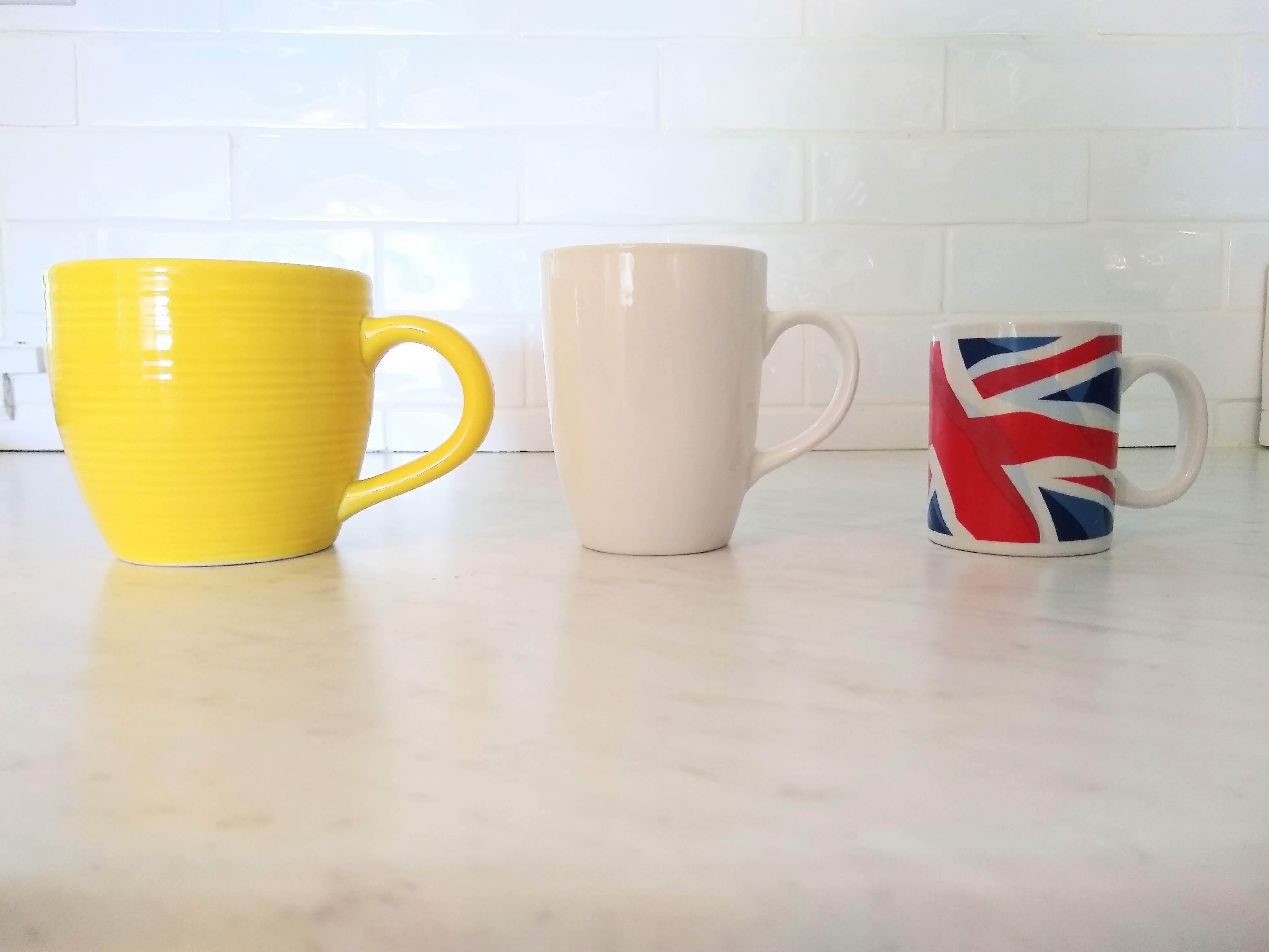 Three mugs, large, medium, and small